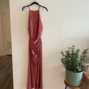 Shona Joy LA LUNE GATHERED SQUARE NECK BIAS MIDI DRESS in Terracotta BNWT